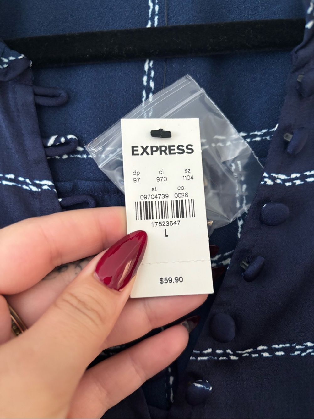 Express Portofino Shirt - L Slim - Navy Windowpane Plaid NWT Button Down Blouse - Picture 6 of 7